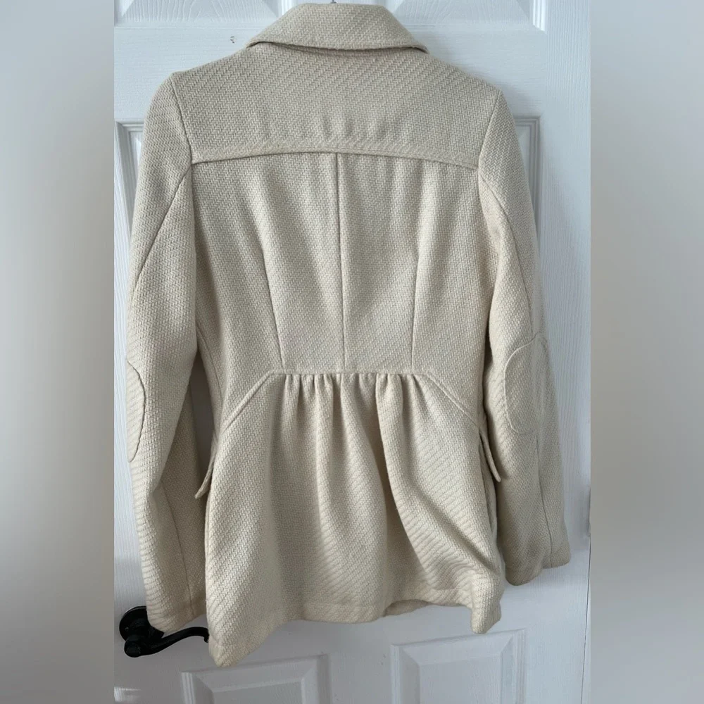 Billabong Women Medium Ivory LS Pea Coat Jacket Wool Blend Lined EmbroideredLogo